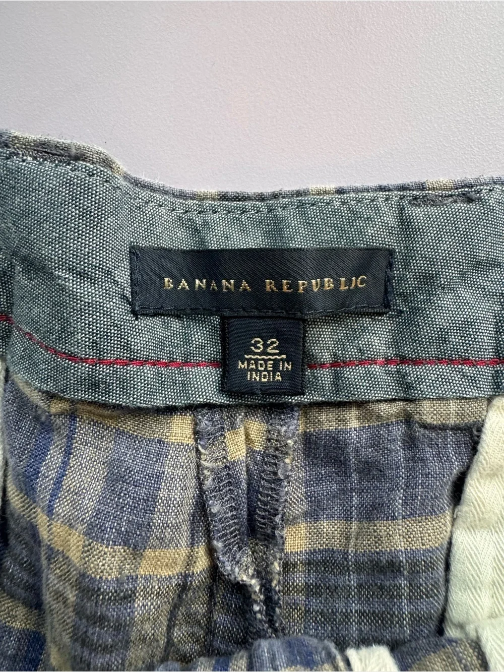 Banana Republic Men's 32 100% Linen Plaid Shorts Blue Tan Chino
